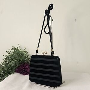 Lord & Taylor Black Velvet Satin Stripes Evening Clutch Shoulder Bag Purse